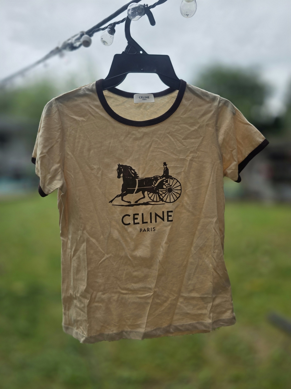 Celine Beige Tee with Black Horse Carriage Graphic